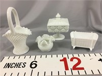 White milk glass handled basket, fluted small