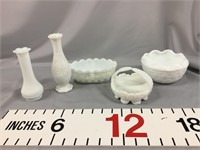 White milk glass vases, bowls