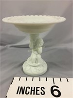 Vintage satin white glass cherub pedestal compote