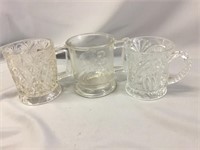 Child’s glass mug and (2) heavy cut glass mugs