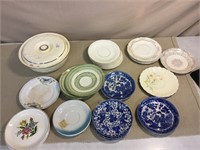 Vintage saucers and one Oven Serve covered dish
