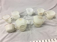 White glass various pieces cream/ sugars, cups