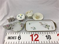 Fine china pieces- tray, cup and saucer, salt