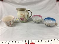 Blue Ridge hand painted pitcher, Lefton cups,