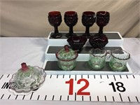 Antique glass table service set (cracked lid on