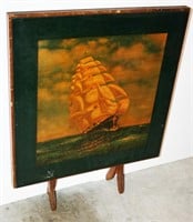 Printed  Wooden Fireside Table w/ Clipper Ship 38"