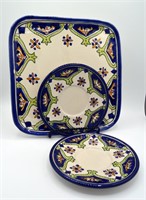 Hand painted square platter and two small plates