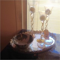 mirror candlesticks, and bowl