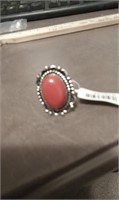 SIZE 7 RED CORAL GERMAN SILVER RING