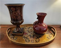 DECORATIVE TRAY, VASE AND FOOTED VASE