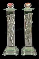 Art Deco Style Nude Female Art Glass Candleholders