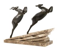 ART DECO BRONZE - LEAPING STAG & HIND - ROCHARD