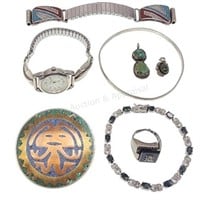 (8pc) Sterling & Silver Jewelry, Bracelets, Watch