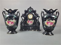 English Porcelain Vases and Mantle Clock