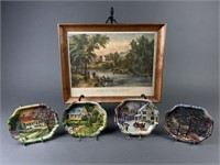 Currier & Ives Etching + Set of 4 Tin Platters