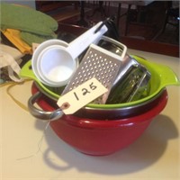 strainers, measuring cups, misc