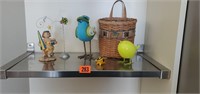 Basket, birds, beach bum statue, decor