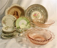 Antique Porcelain China & 2 Pink Glass Bowls