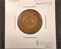 1864 LARGE MOTTO 2 CENT PIECE