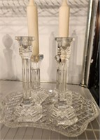 WATERFORD CANDLE HOLDERS, GLASS TRAY