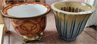 PAIR OF VASES/PLANTERS, BRASS FOOT AND GLAZED