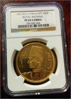 Egypt Gold 5 EGP King Farouk 1938 , NGC PF 65,IE1