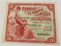 Belgian Congo 5 Francs 1942, Pick #13 VF .(Ek36)