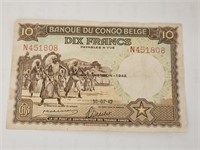Belgian Congo 10 Francs 10.7.1942 P-14Ba VF.EK35