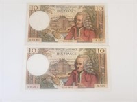 Lot Of 2 FRANCE Banknote 10 Francs VF 1970, 1973