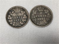 1890-1891 Canadian Silver Dimes Queen Victoria