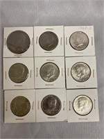 Eight Kennedy Half Dollars & Eisenhower $1.00 Coin