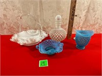 Blue and Milkglass Hobnail,Fenton Basket