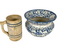 Blue Spongeware Pot and Earthenware Mug