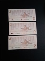 Three 1986 Canada Unc. Consec. $2 Banknotes