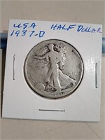 1937D US Half Dollar Coin 90% Silver