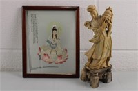 Oriental Statue 10H/ Repaired & Silk Picture