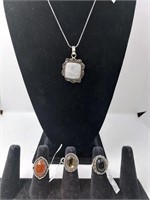 German Silver Necklace & Rings With Stones