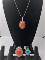 German Silver Necklace & Rings With Stones