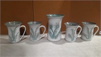Hand Made Redware Pottery Vase And Four Mugs.HB5A1