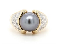 18 Kt 10 MM Black Tahitian Pearl Diamond Ring