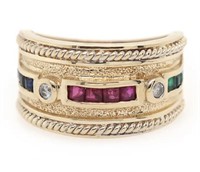14 Kt Ruby Emerald Sapphire Diamond Ring