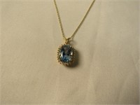 14K Yellow Gold Blue Topaz Diamond Pendant & Chain