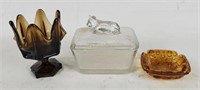 Amber Glass Dish & Ashtray, Cow Butter Dish