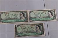 2x 1954 + 1x 1967 $1 Canadian Bills