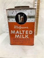 Walgreen’s Malted Milk Tin, 13”T, 25 lb. Tin