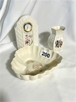 Country Trellis Belleek Clock & Bud Vase & Heart