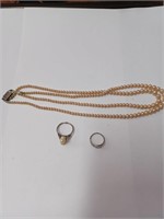 Vtg. Pearlish Necklace, Silvertone Ring Lot