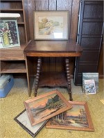 Antique Parlor Table & Framed Art