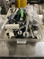 Plastic Bin Full of Commercial Kitchen Utensils