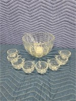 Vintage glass punch bowl with eight cups and